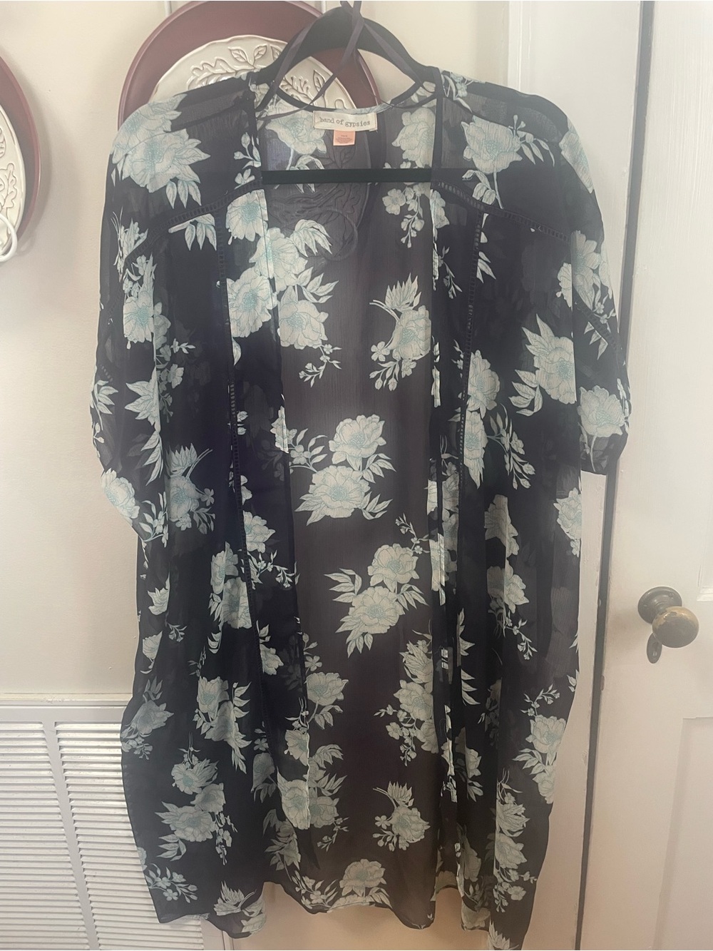 Floral Sheer Kimono Cardigan - Navy with Light Blue Flowers
